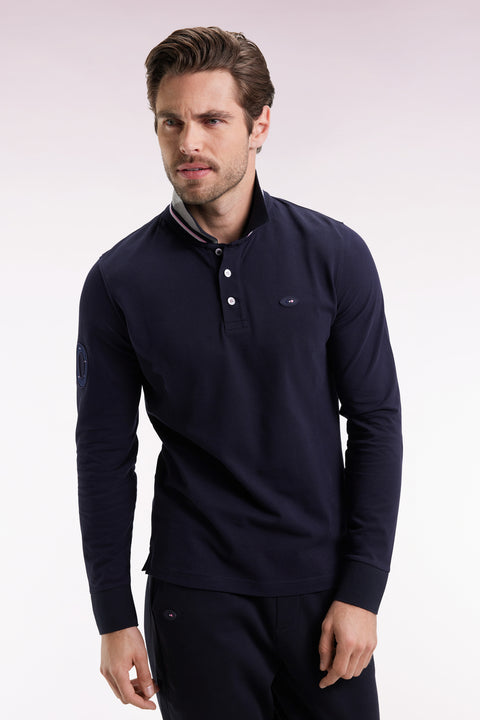 Polo à manches longues en coton marine brodé coupe droite - Image 1