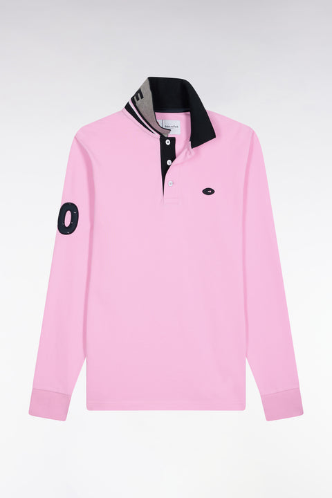 Polo à manches longues en coton rose brodé coupe droite - Image 2