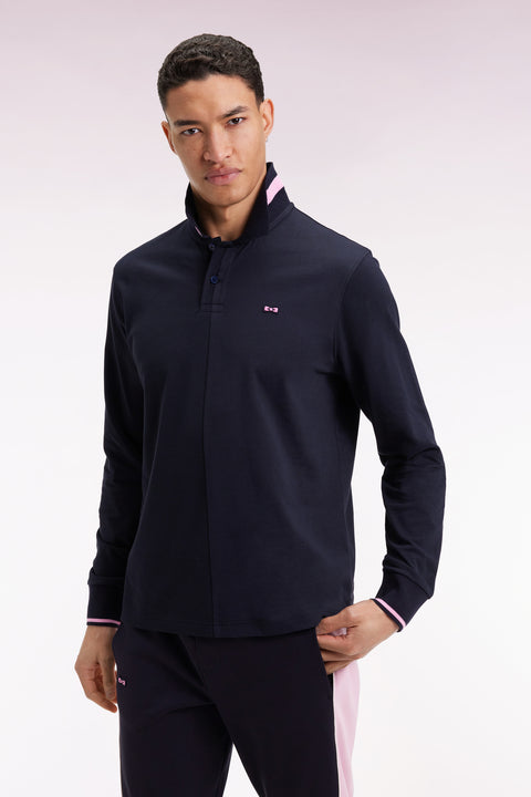 Polo à manches longues en piqué coton marine liserés roses coupe Relaxed - Image 1