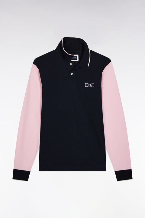 Polo à manches longues bicolore marine et rose à nœud papillon - Image 2