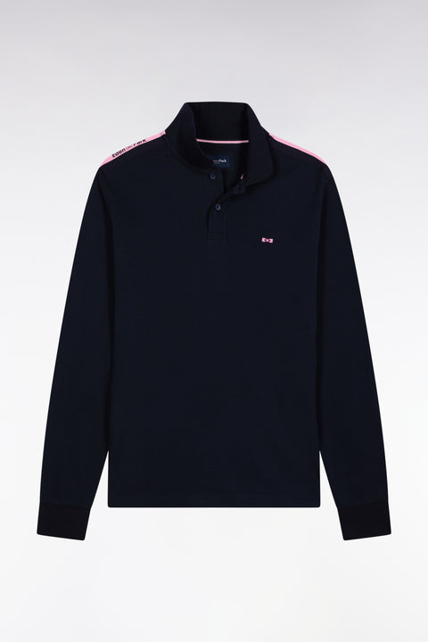 Polo à manches longues en piqué coton marine galon rose siglé - Image 2