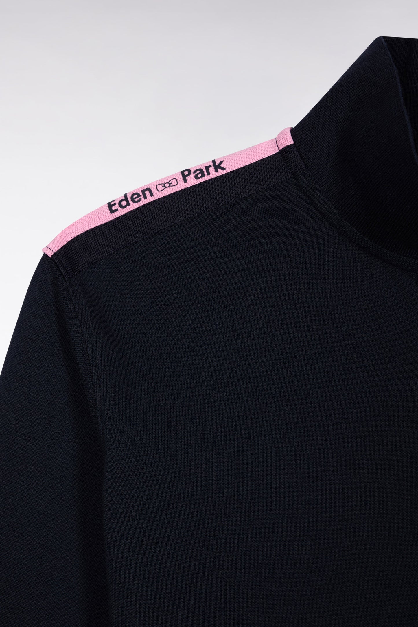 Polo à manches longues en piqué coton marine galon rose siglé