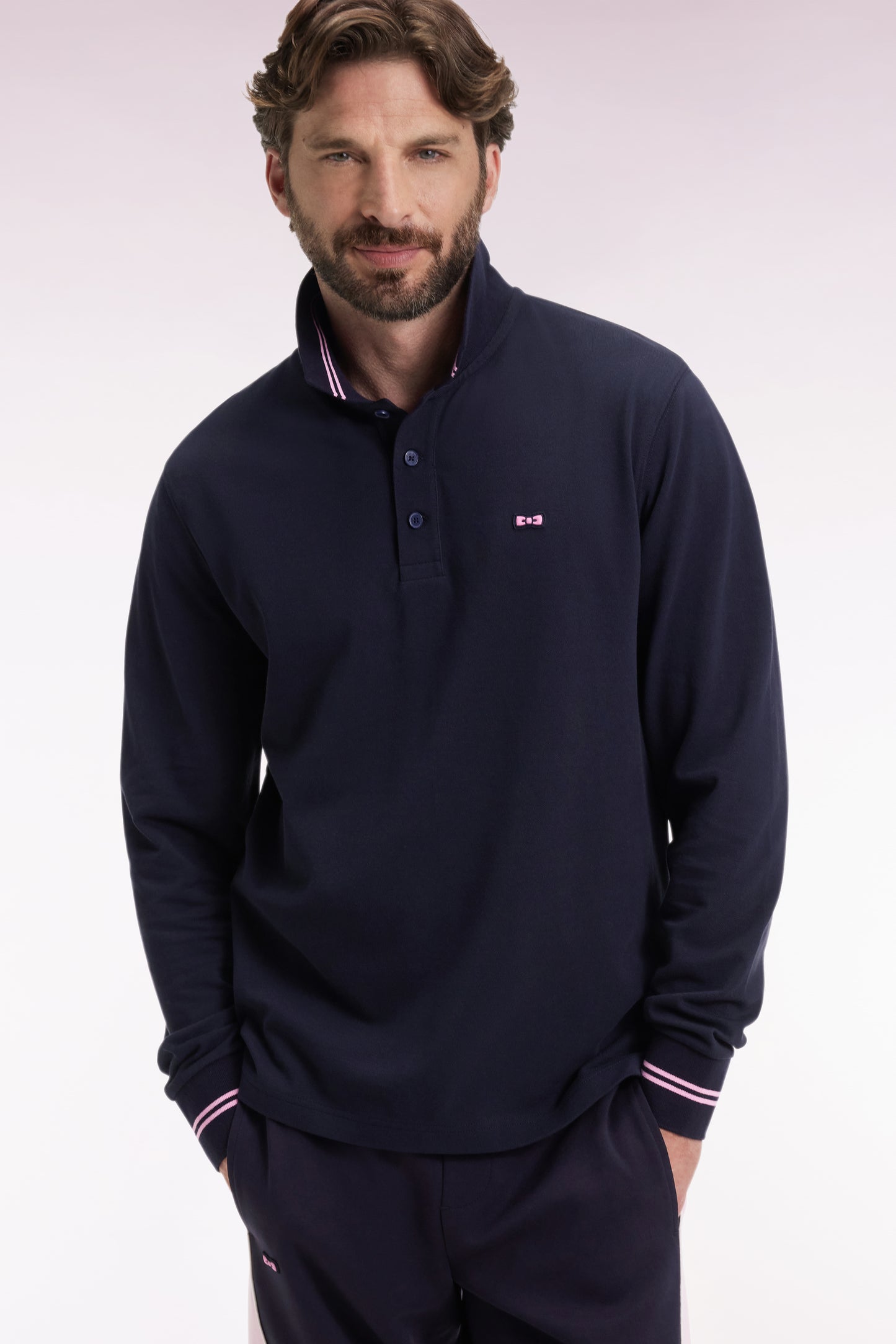Polo à manches longues en piqué coton marine dessous de col rayé