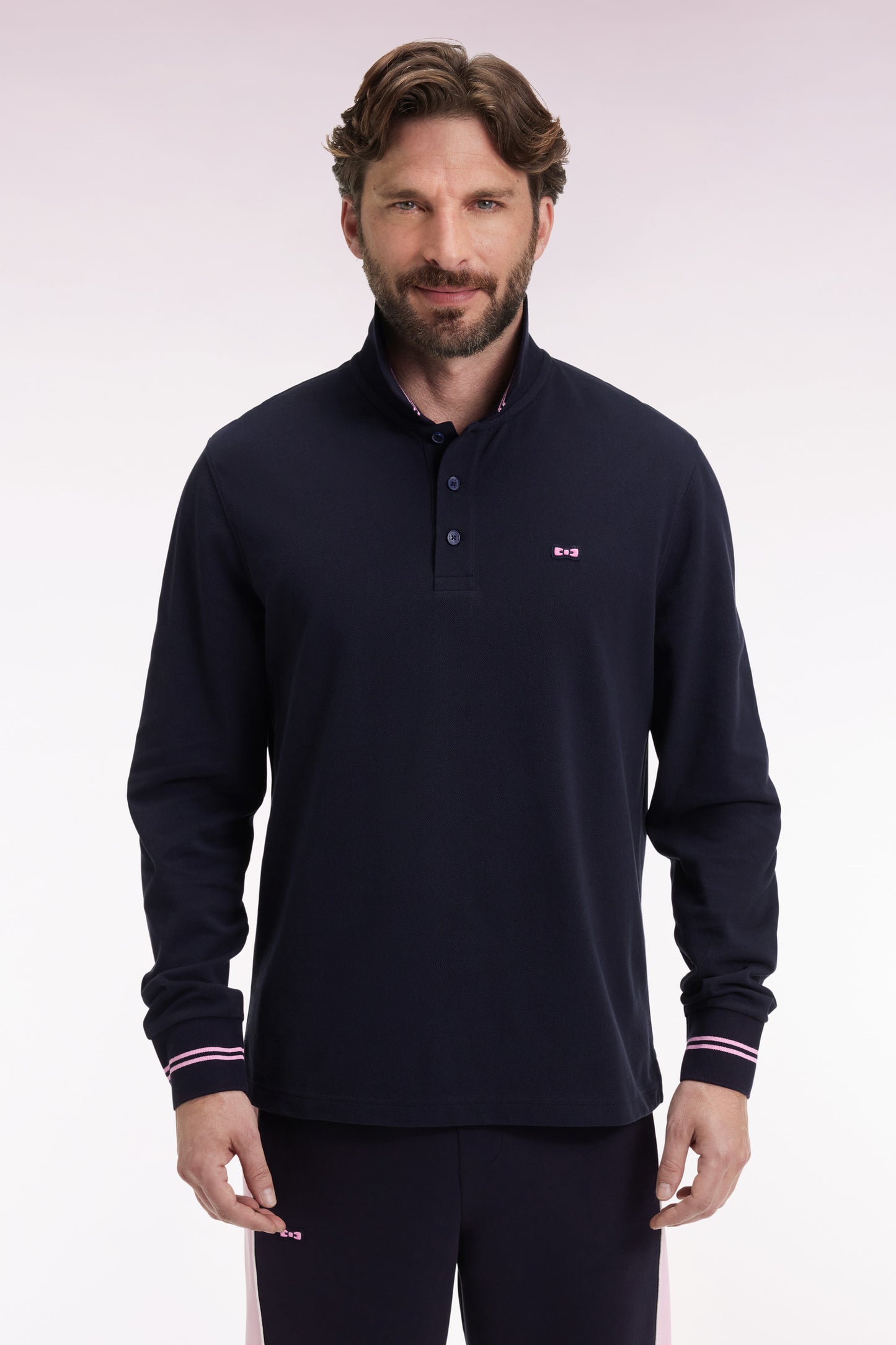 Polo à manches longues en piqué coton marine dessous de col rayé