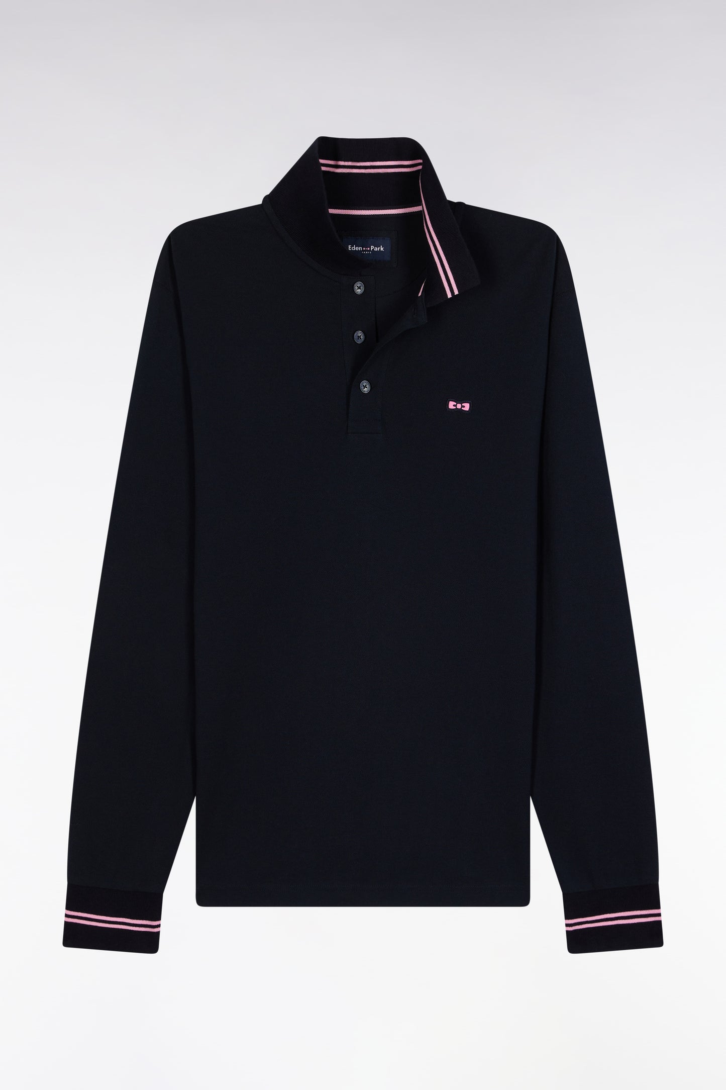 Polo à manches longues en piqué coton marine dessous de col rayé