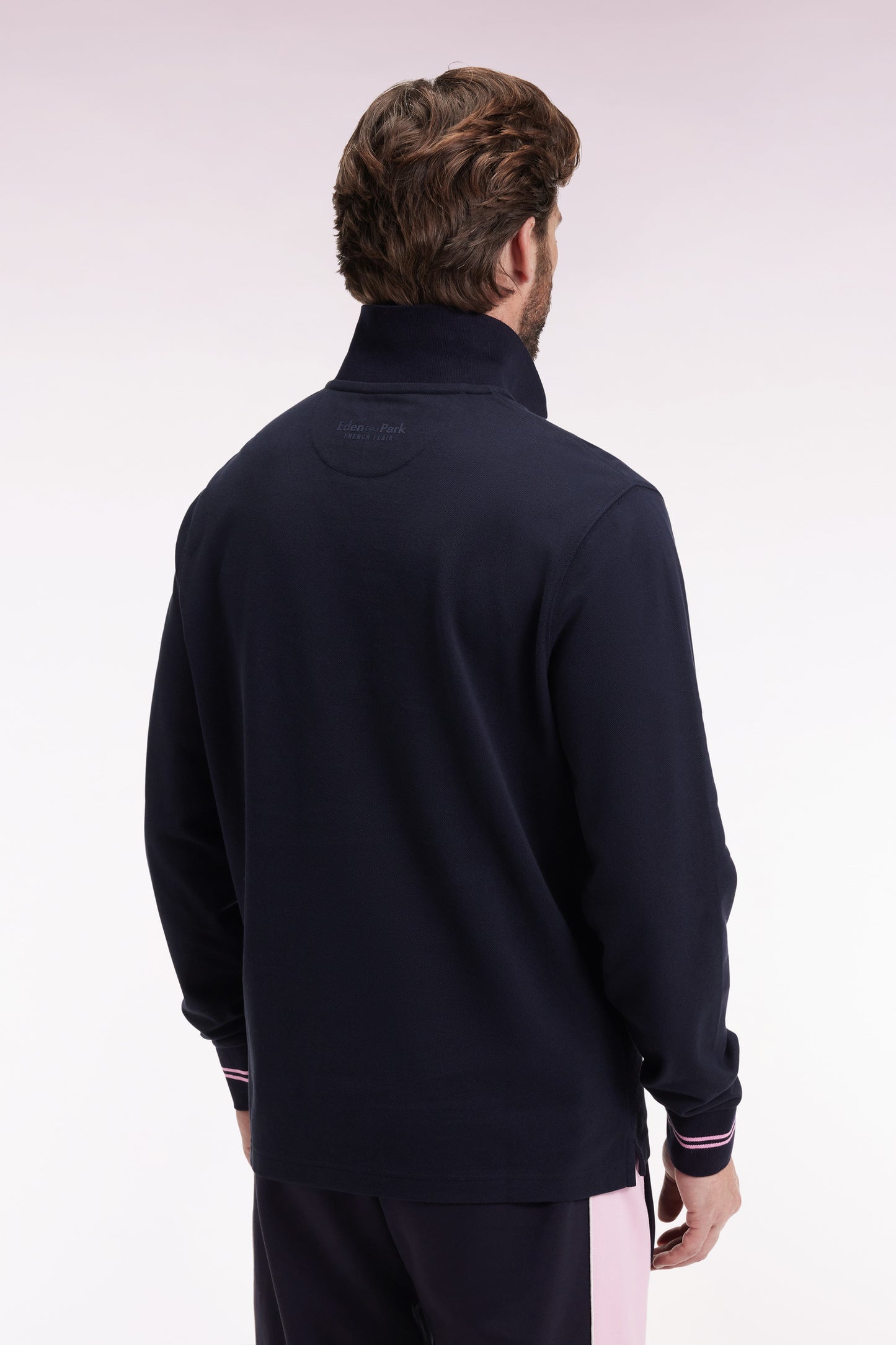 Polo à manches longues en piqué coton marine dessous de col rayé