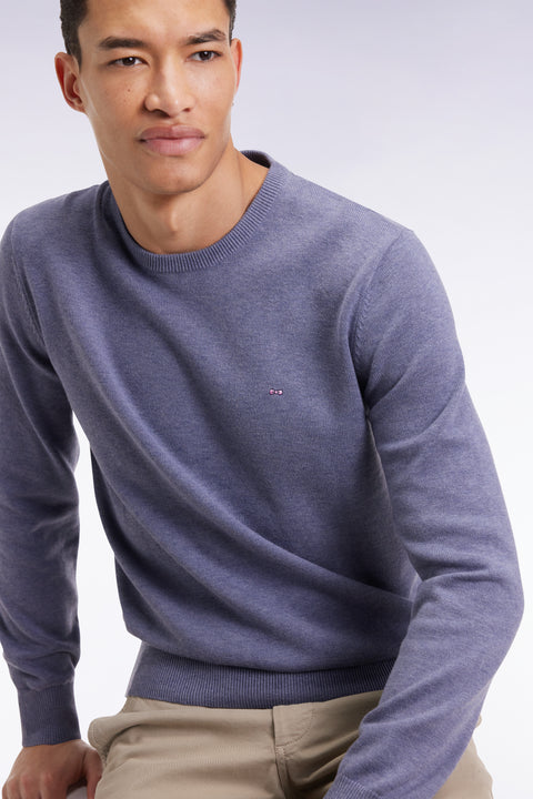 Pull col rond en laine et coton bleu - Image 3