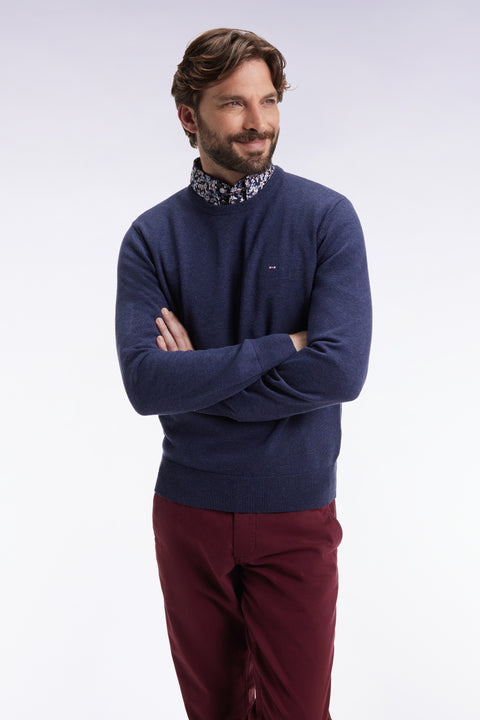 Pull col rond en laine et coton bleu foncé - Image 3