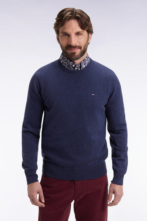 Pull col rond en laine et coton bleu foncé - Image 1