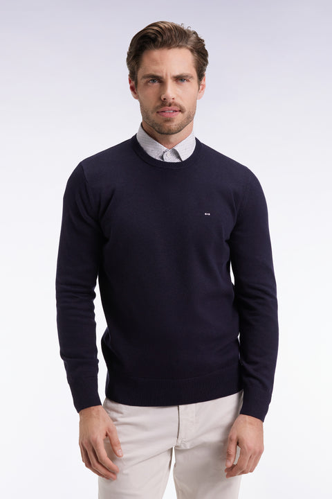 Pull col rond en laine et coton marine - Image 1