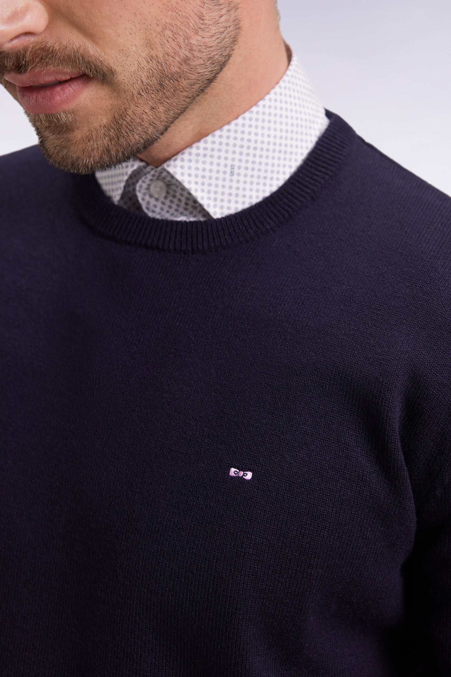 Pull col rond en laine et coton marine
