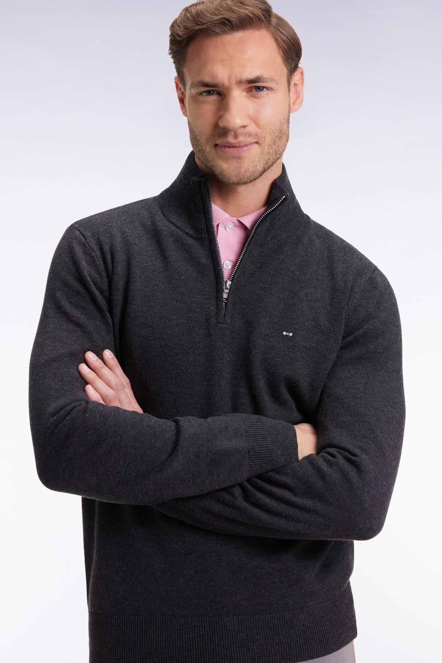 Dark grey wool and cotton trucker-neck sweater