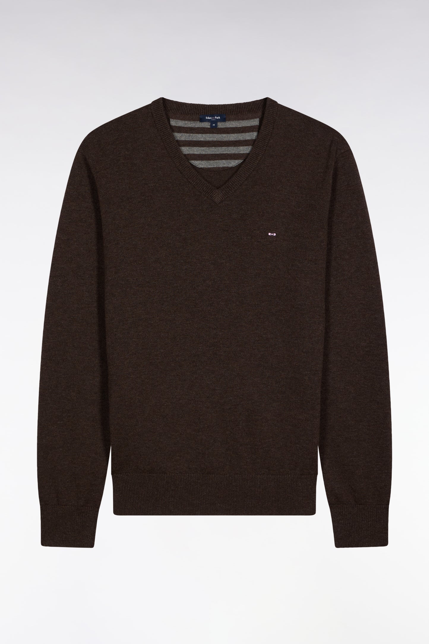 Pull col V en laine et coton marron foncé
