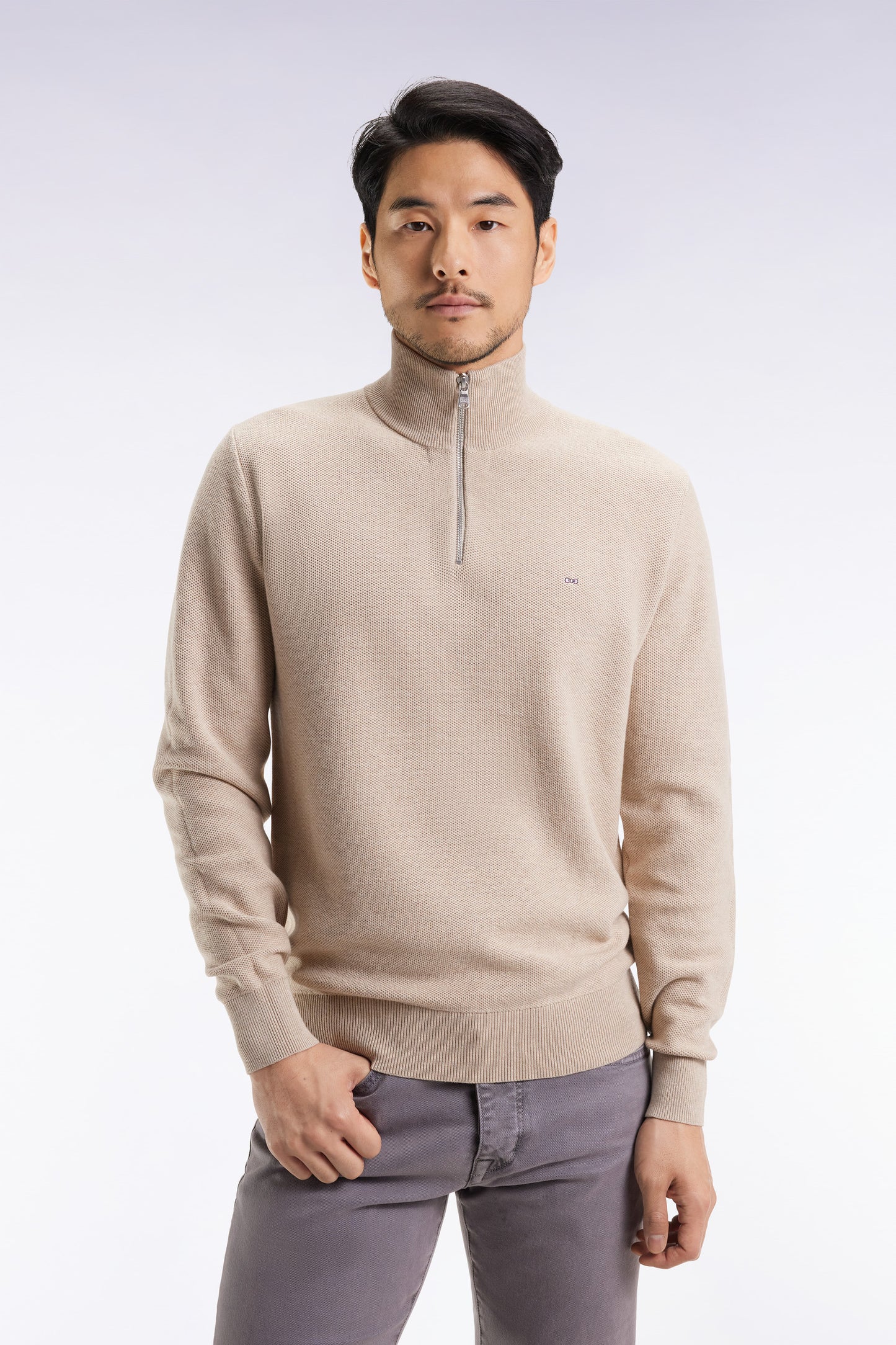 Beige cotton honeycomb trucker-neck sweater