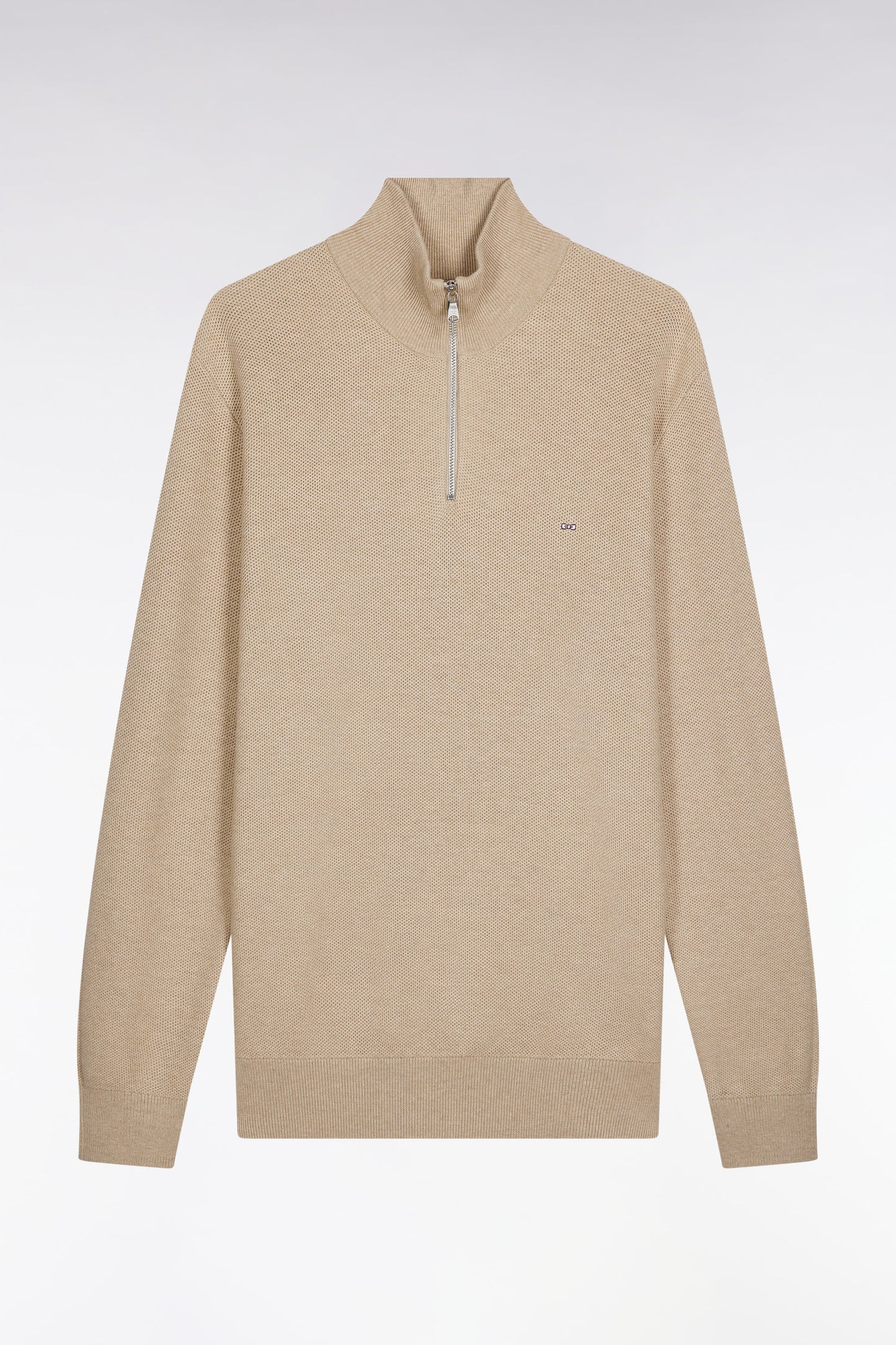 Beige cotton honeycomb trucker-neck sweater