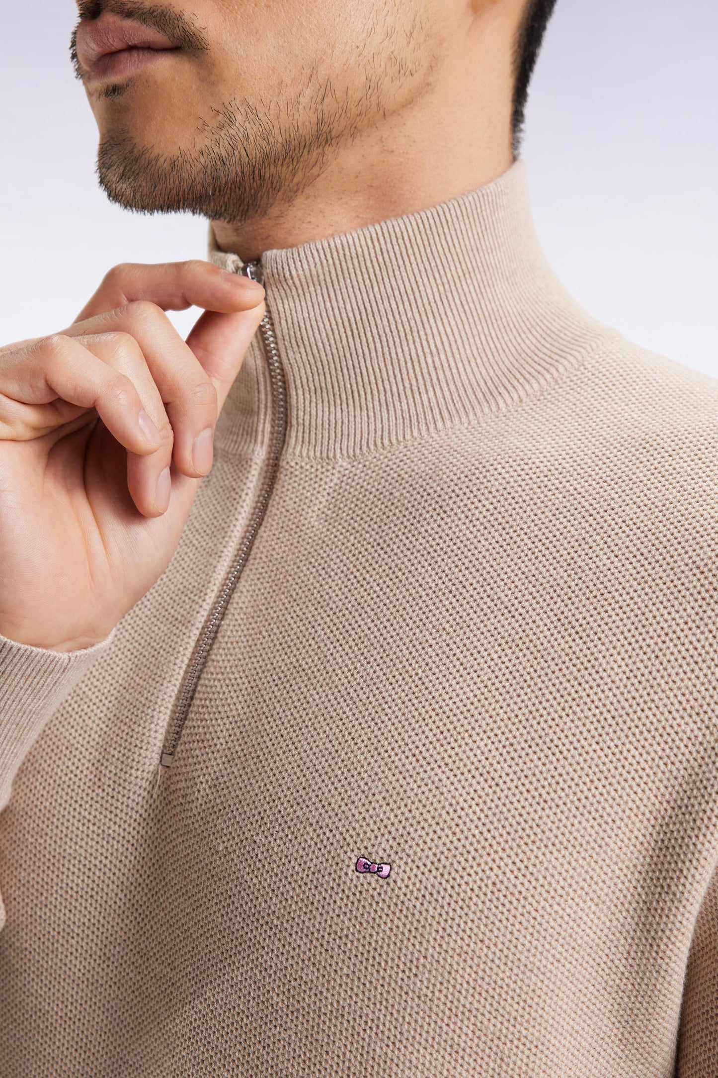 Beige cotton honeycomb trucker-neck sweater