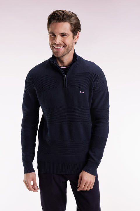 Pull col camionneur en coton marine effet de rayure - Image 1