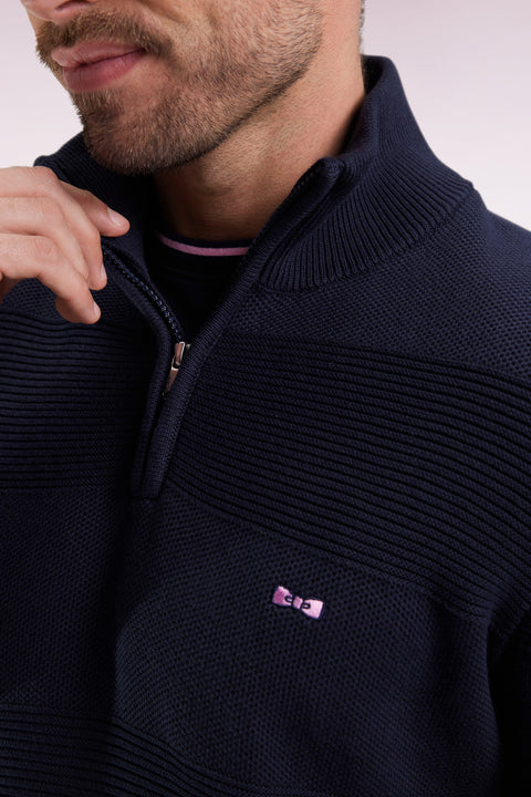 Pull col camionneur en coton marine effet de rayure - Image 3