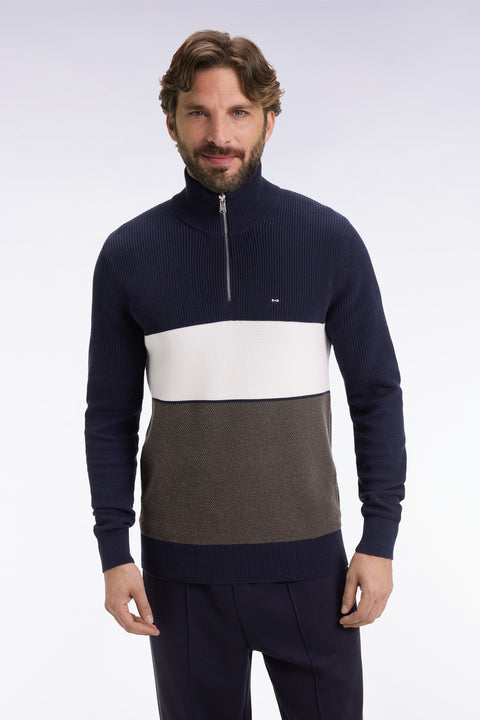 Pull col camionneur en coton marron et marine à effet de rayure - Image 1