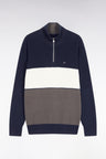 Pull col camionneur en coton marron et marine à effet de rayure