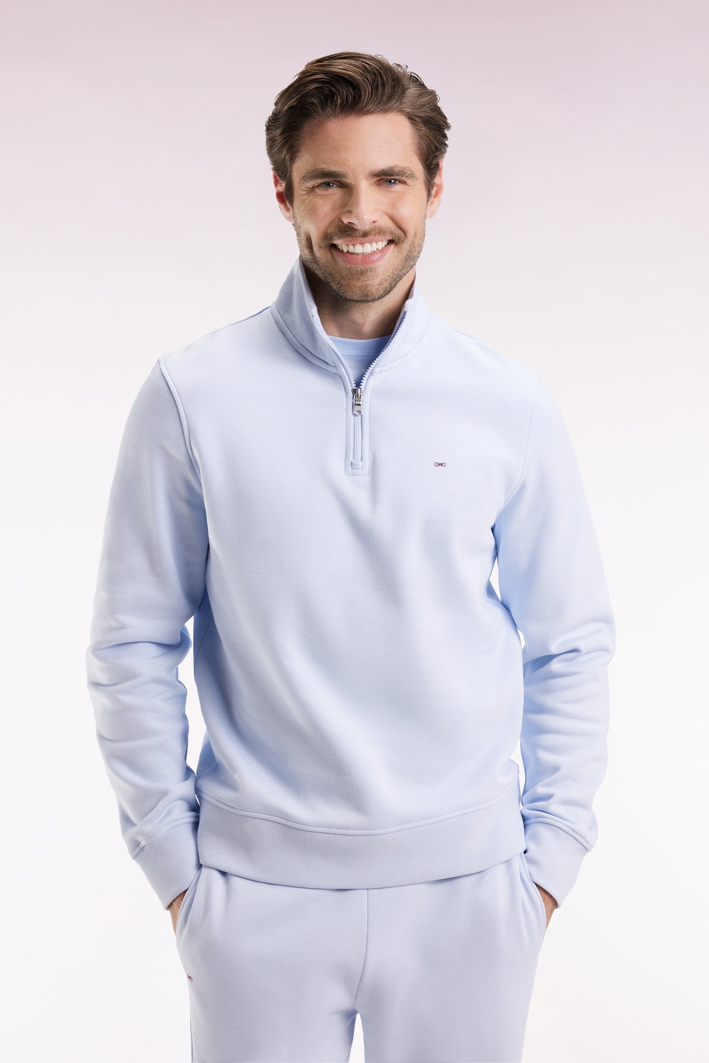 Sweatshirt à col montant zippé en molleton coton ciel