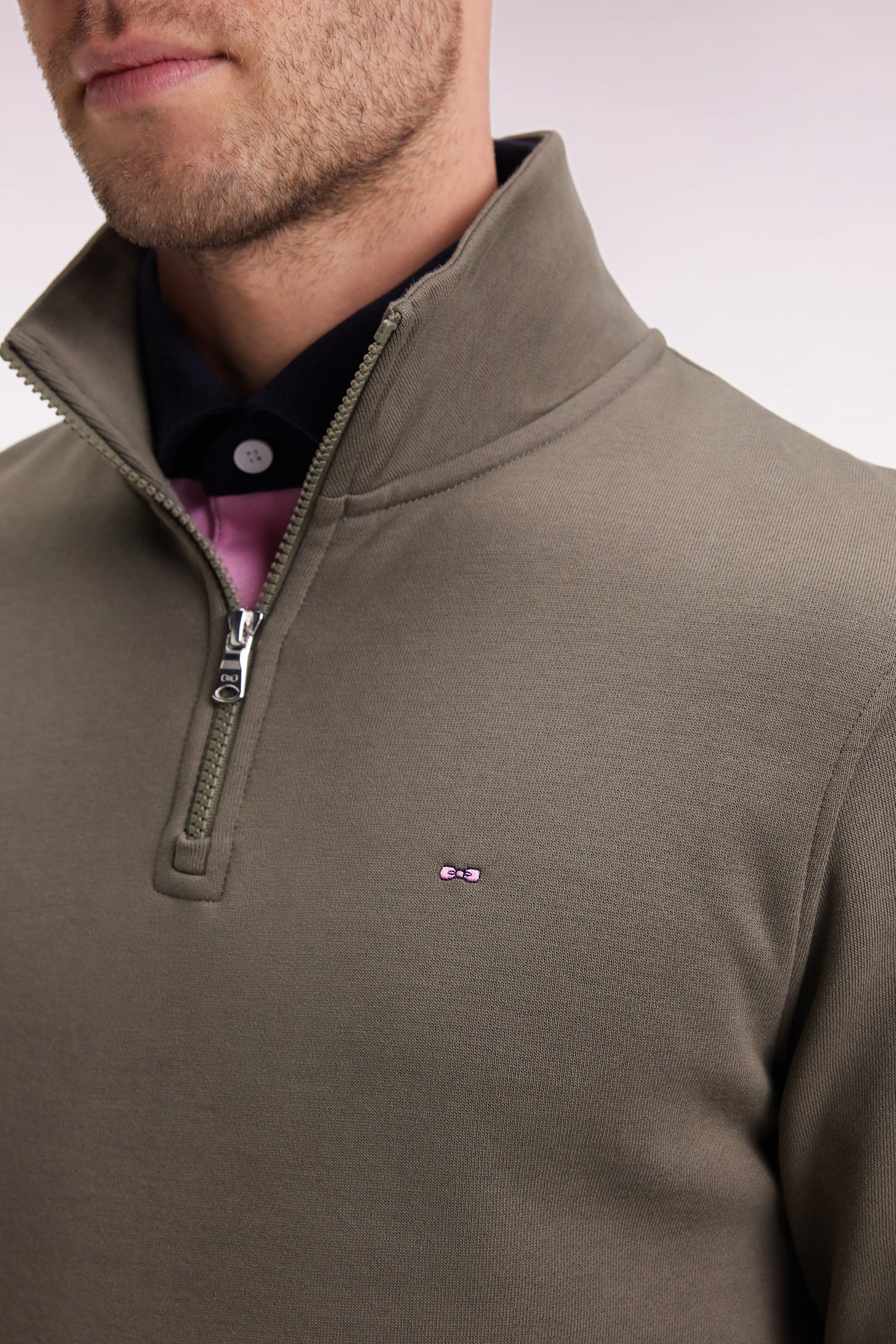 Khaki cotton fleece stand-up collar zip-up sweatshirt - CANCELLED