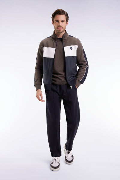 Two-material zip-up sweatshirt in brown quilted nylon
