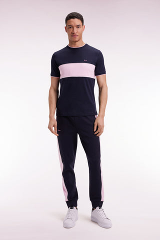 Two-tone short-sleeved T-shirt in navy and pink cotton