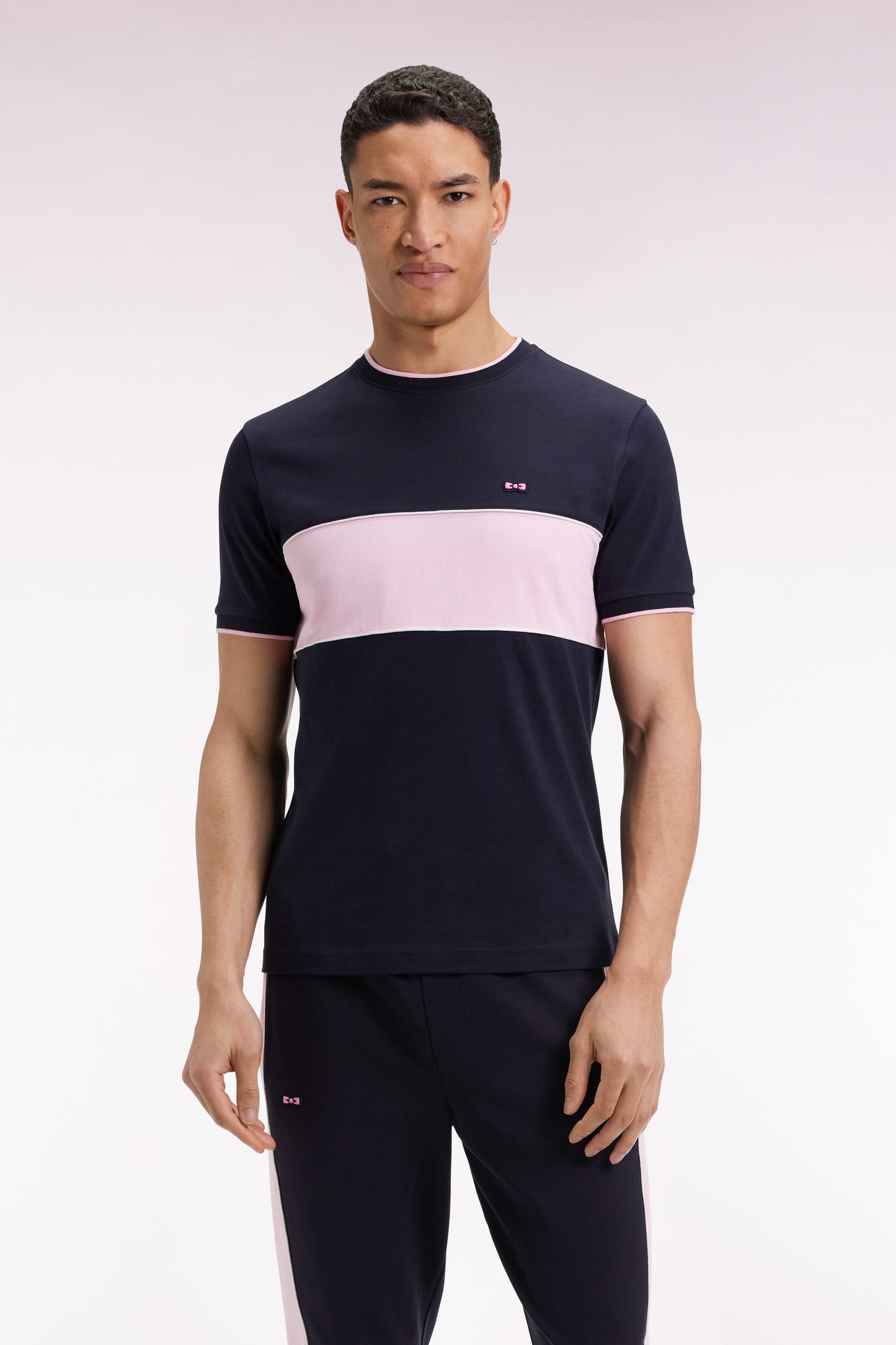 T-shirt bicolore à manches courtes en coton marine et rose
