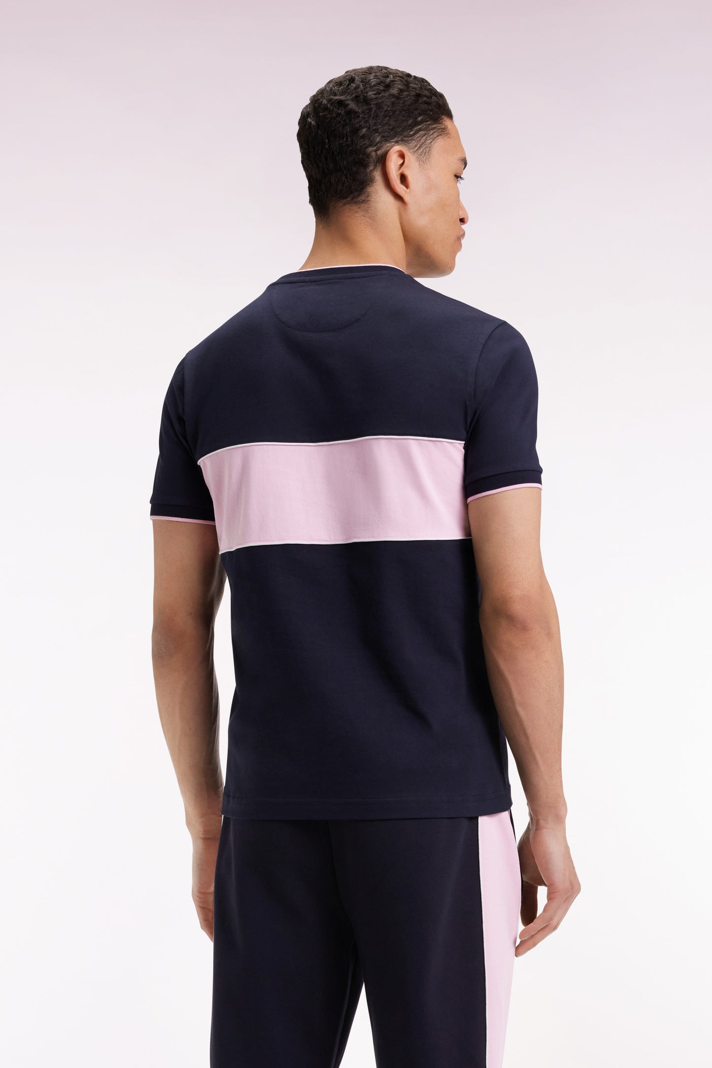 Two-tone short-sleeved T-shirt in navy and pink cotton