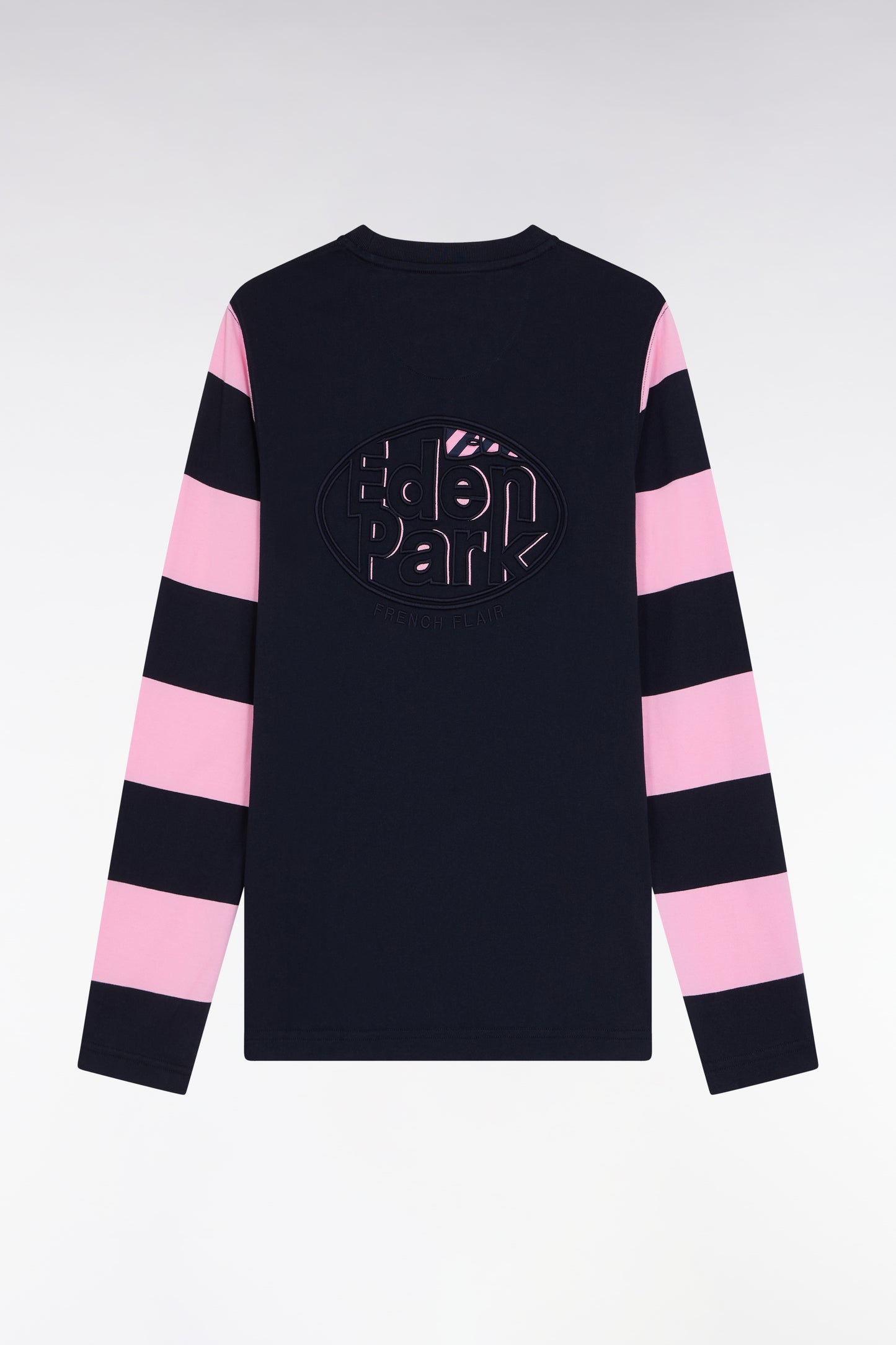 T-shirt à manches longues en coton noir manches rayées roses