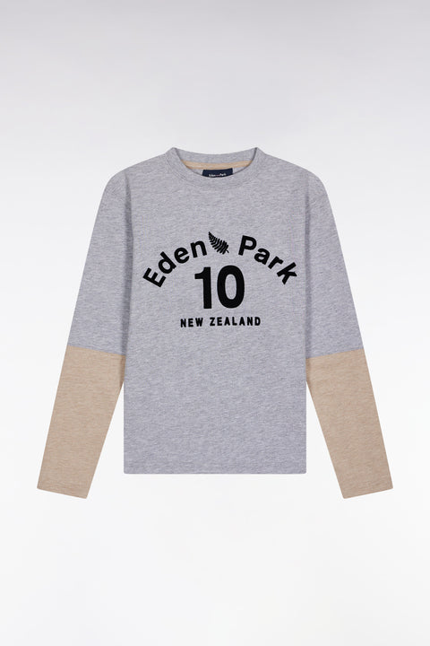 T-shirt à manches longues en coton bicolore gris et beige coupe droite - Image 1