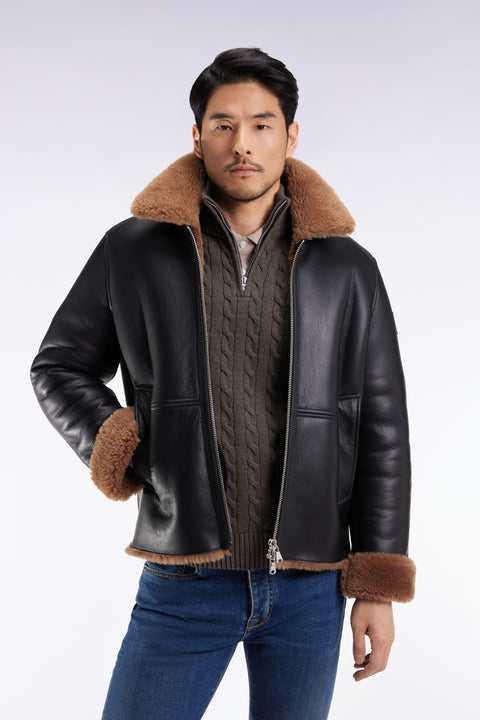 Blouson en peau lainée noir col marron - Image 1