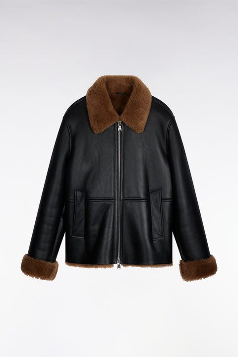 Blouson en peau lainée noir col marron - Image 2