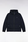 Navy quilted nylon down jacket with removable hood