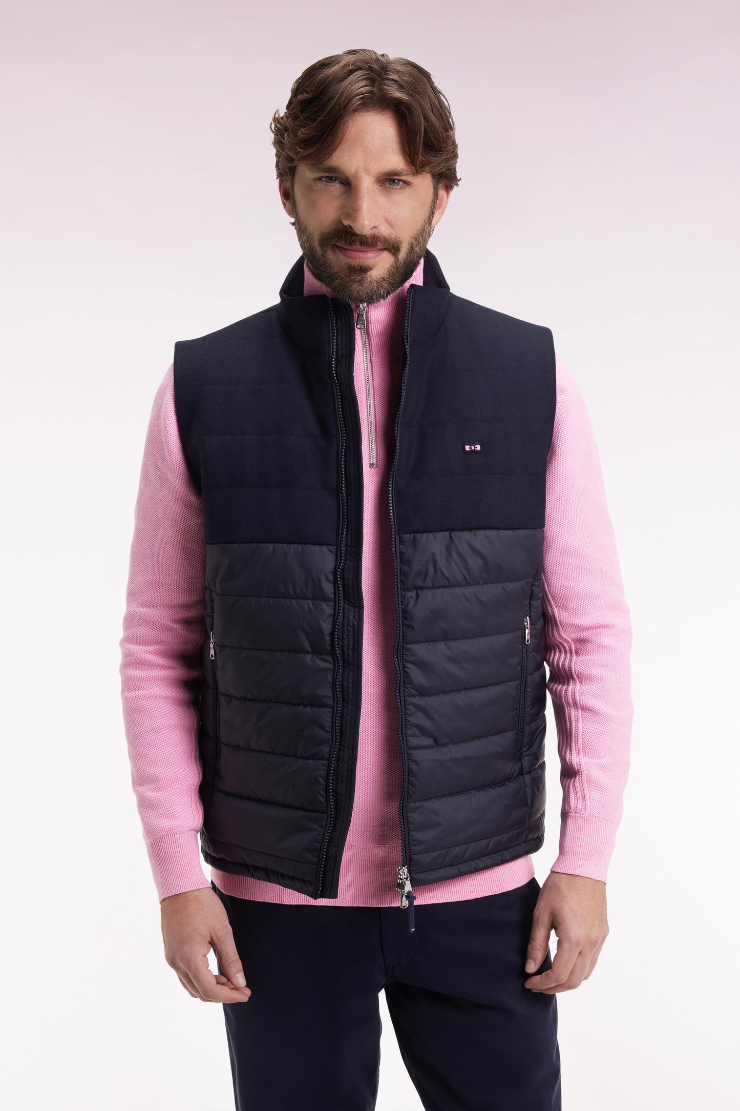 Two-material sleeveless down jacket in nylon and navy flannel