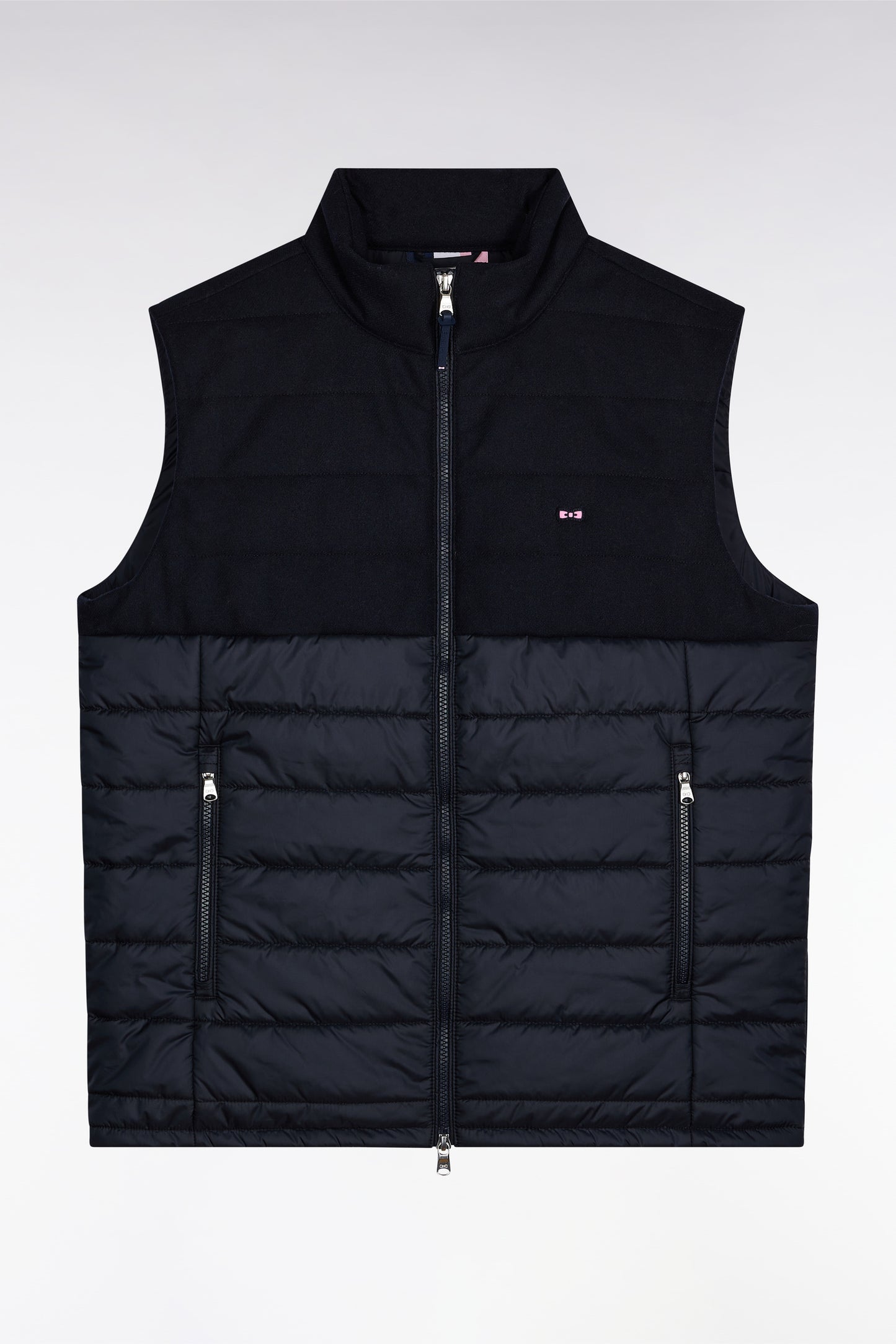 Two-material sleeveless down jacket in nylon and navy flannel