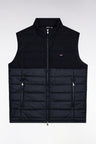 Two-material sleeveless down jacket in nylon and navy flannel