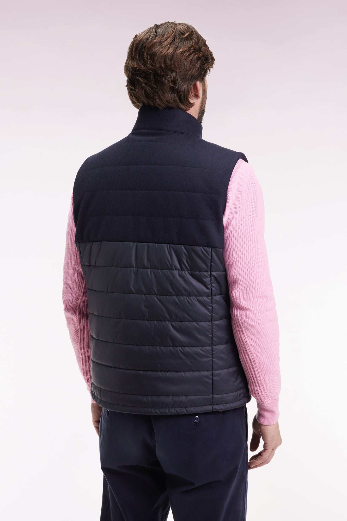 Two-material sleeveless down jacket in nylon and navy flannel