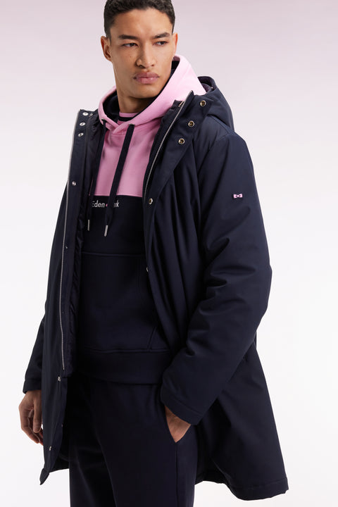 Long 2-in-1 parka in navy nylon with integrated hood - Image 3