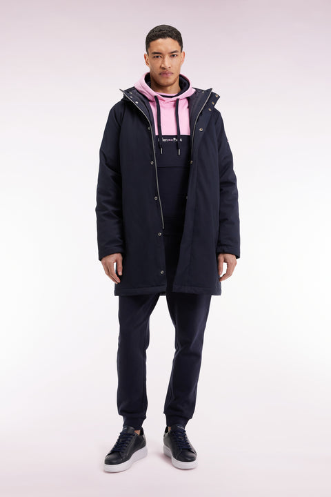 Long 2-in-1 parka in navy nylon with integrated hood - Image 1
