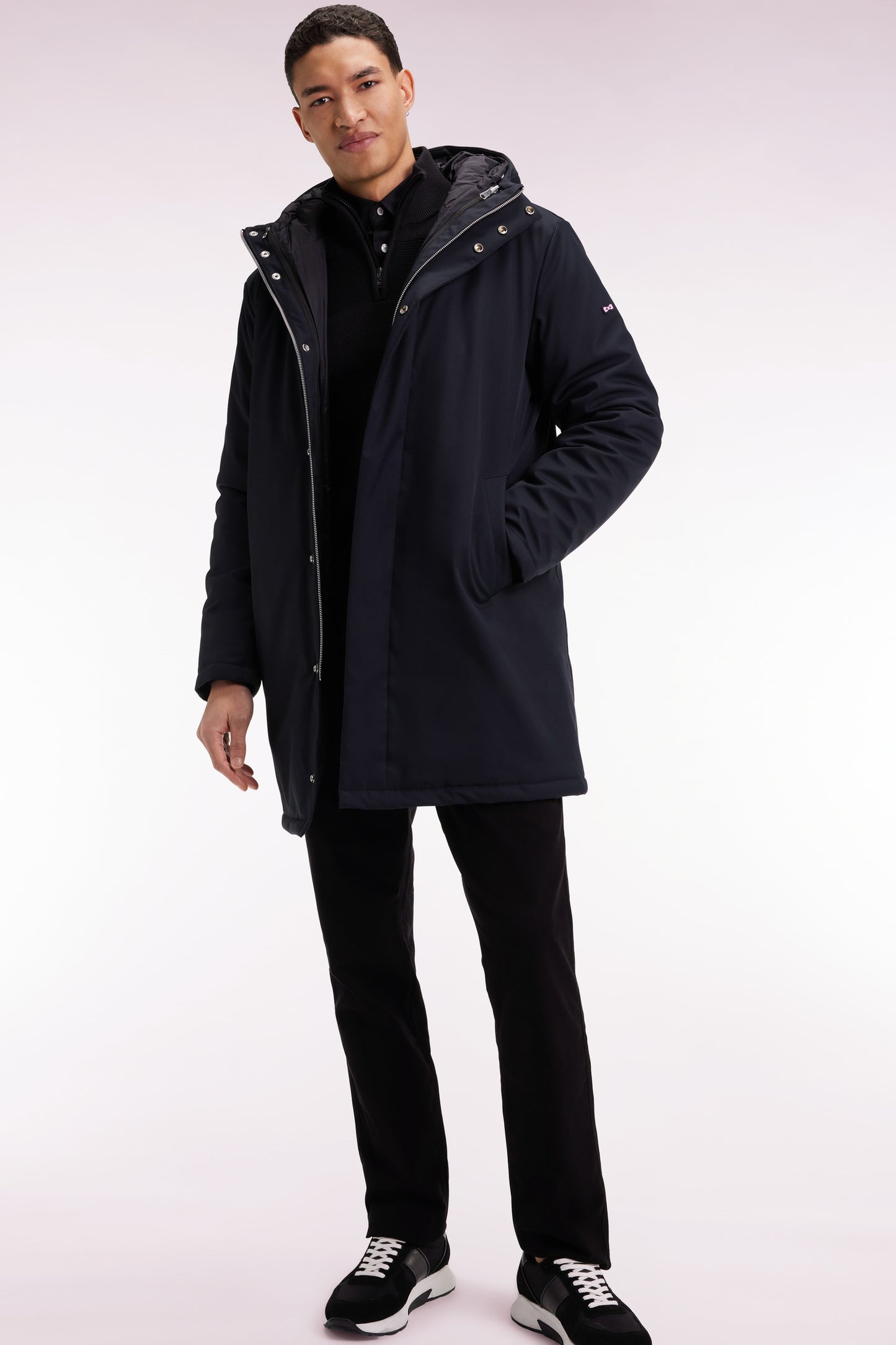 Parka longue 2-en-1 en nylon noir à capuche intégrée