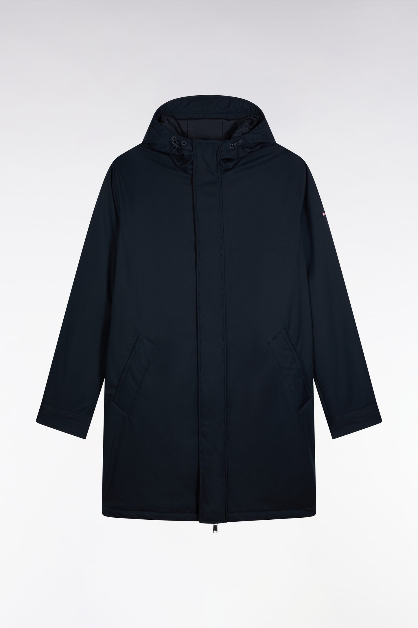 Long navy nylon parka with integrated hood