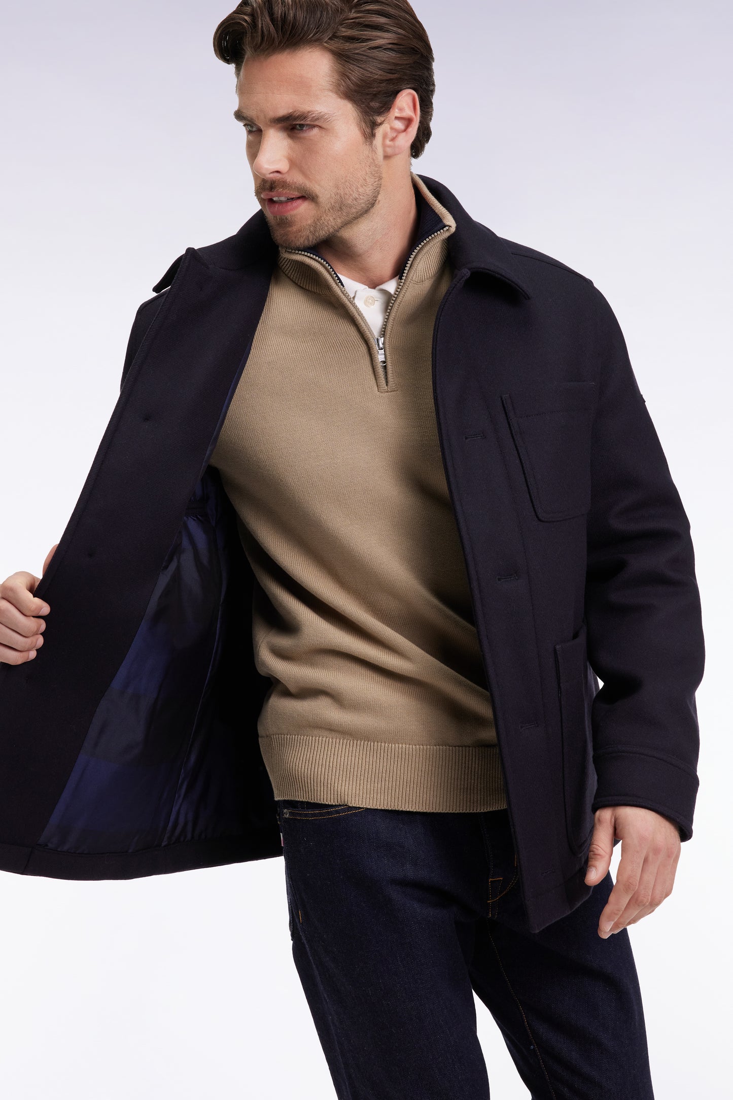 Surchemise zippée en twill de laine marine à poches plaquées