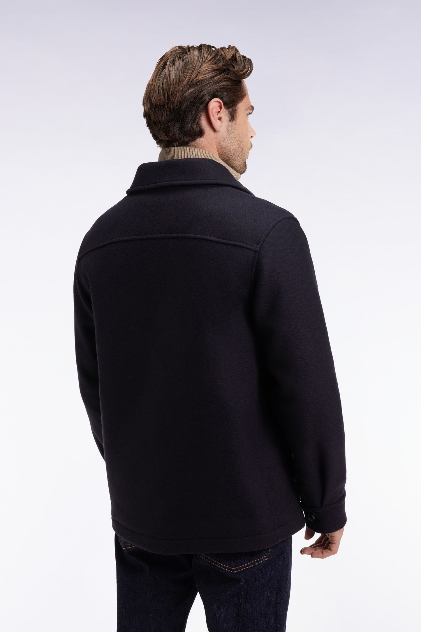 Surchemise zippée en twill de laine marine à poches plaquées