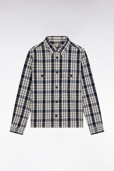 Black and ecru check cotton overshirt, straight cut