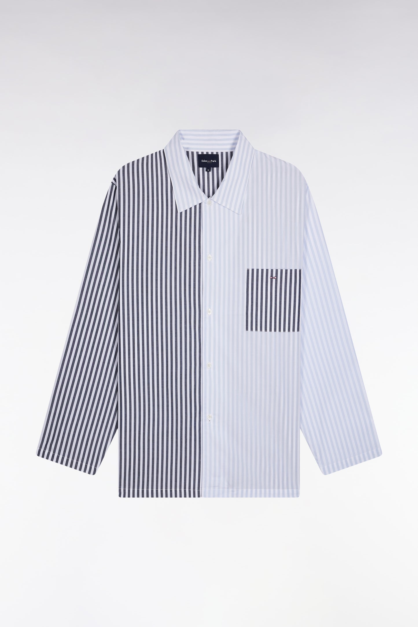 Pyjama long rayé en popeline de coton bleu ciel