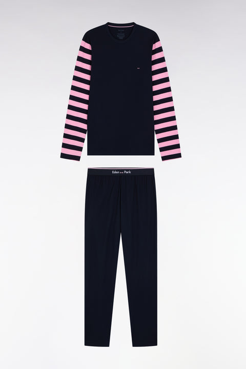 Pyjama long en jersey de coton marine à manches rayées - Image 1