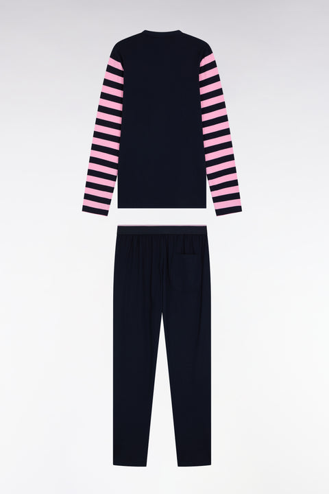 Pyjama long en jersey de coton marine à manches rayées - Image 2