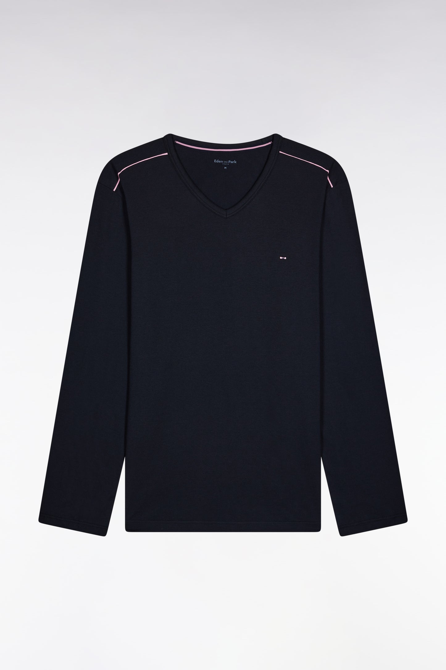 Pyjama long en jersey de coton uni marine passepoils roses